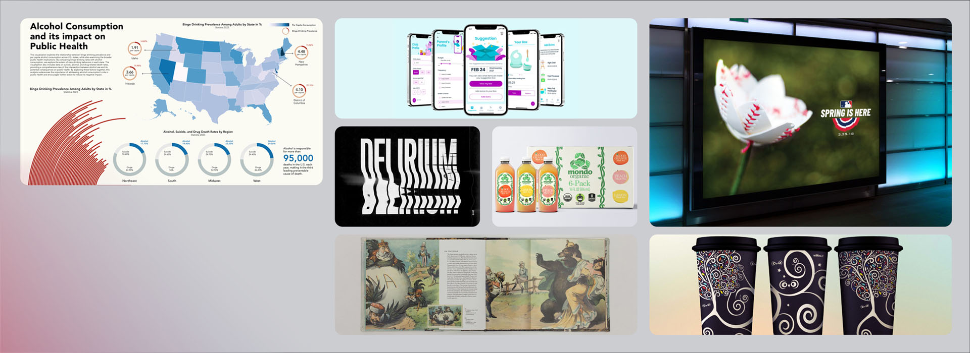 Student work examples: alcohol health infographic, app design, delirium type treatment, Mondo juice packaging, political cartoon book, spring MLB graphic, and coffee cups