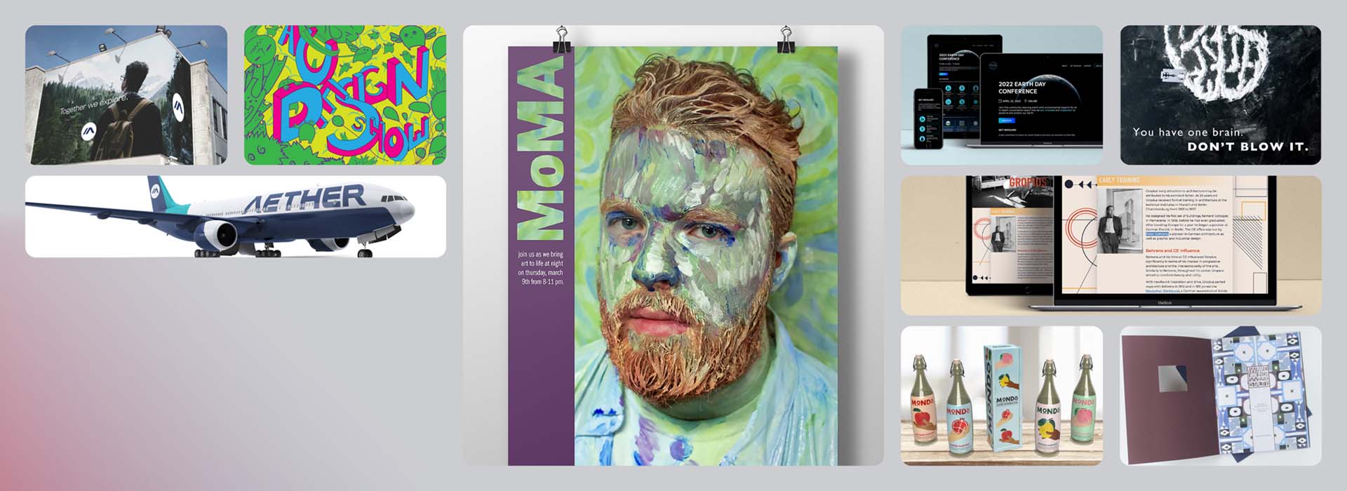 Student work examples: Aether plane and building wrap, AU Design Show graphic, MoMA ad, earth day website, cocaine PSA, Gropius website, Mondo packaging, and magazine