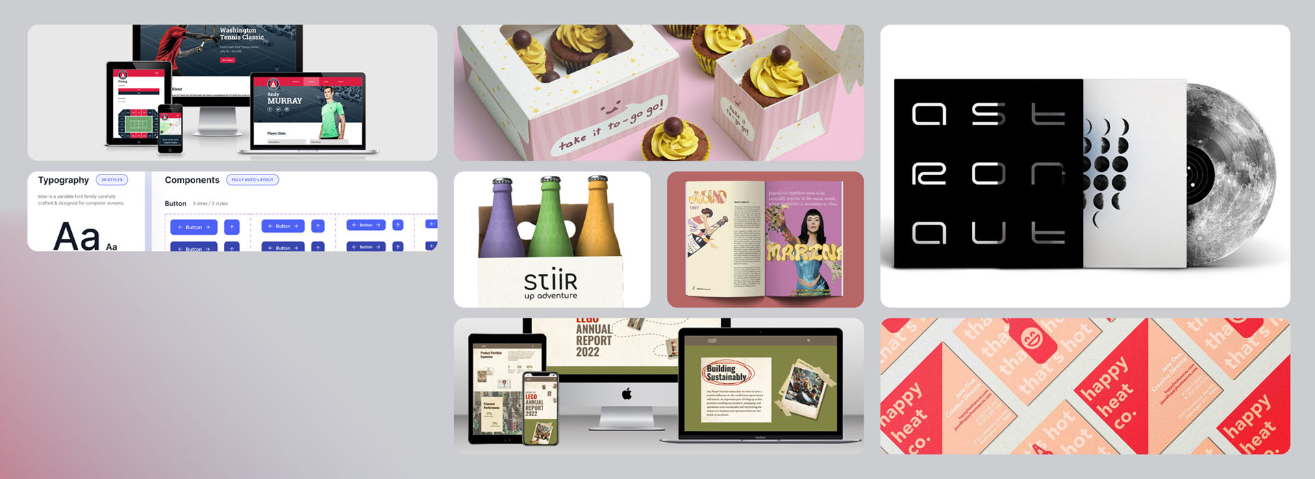 Student work examples: Washington Tennis Classic website, style guide, cupcake packaging, stiir bottles, Jugend type book, Lego annual report website, astronaut album, and Happy Heat Co hot sauce business cards