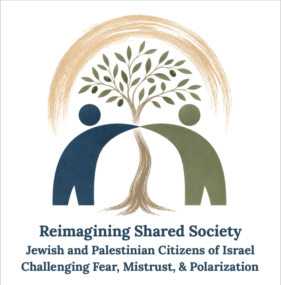 Reimagining Shared Society: Jewish and Palestinian Citizens of Israel Challenging Fear, Mistrust, & Polarization. Two abstract figures touching an olive tree.