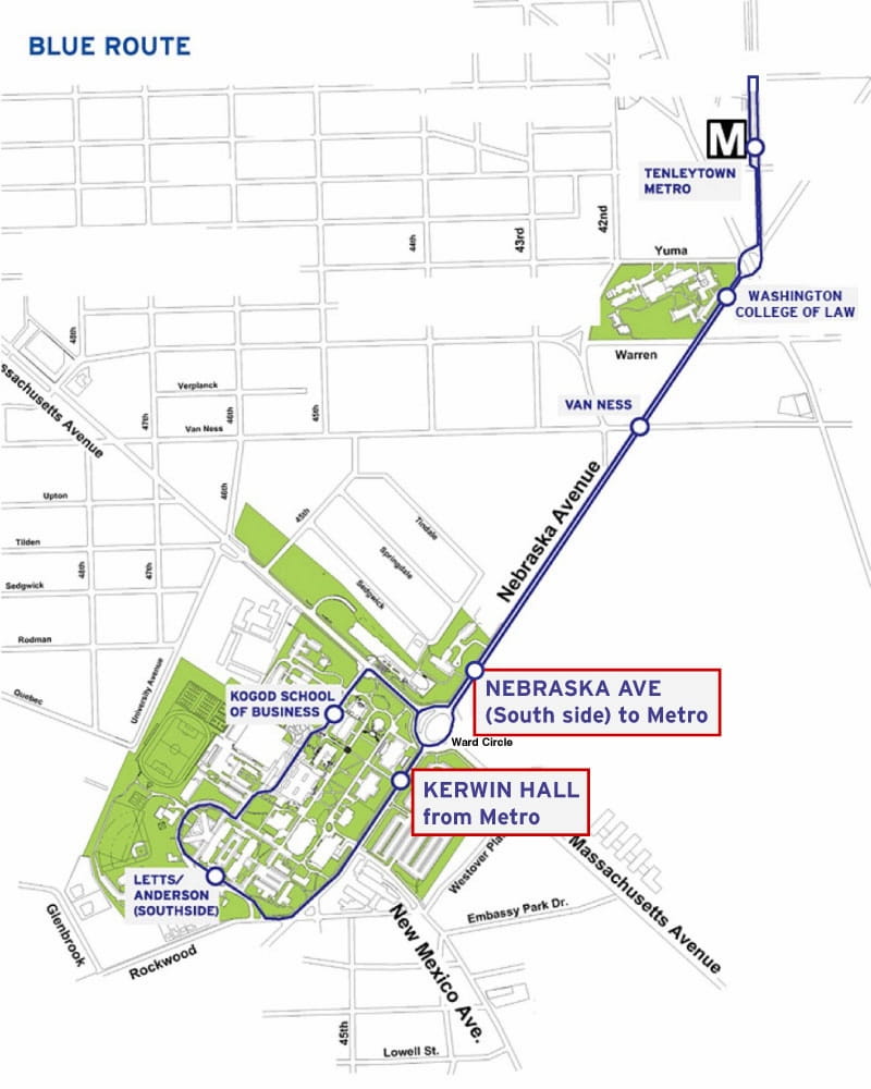 AU Blue Shuttle route map with callouts for Nebraska Ave south side (to Metro) and Kerwin Hall (from Metro)