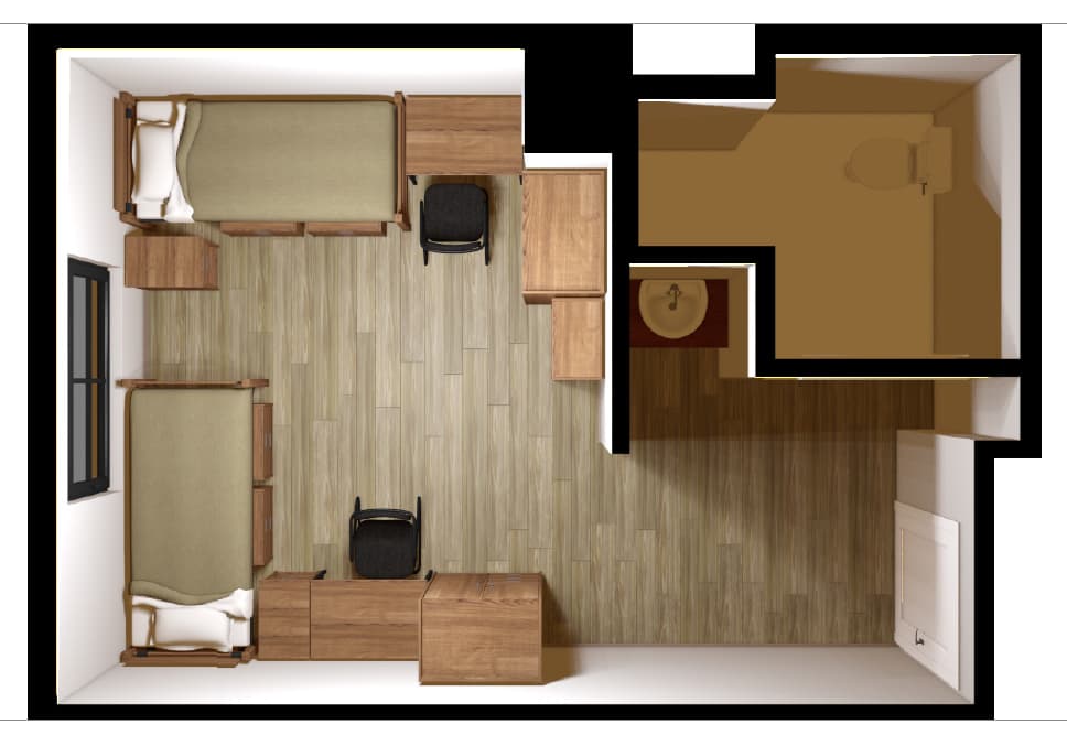Double room on East Campus; includes two beds, dressers, closets, and nightstands, and a bathroom with sink, shower, and toilet. 