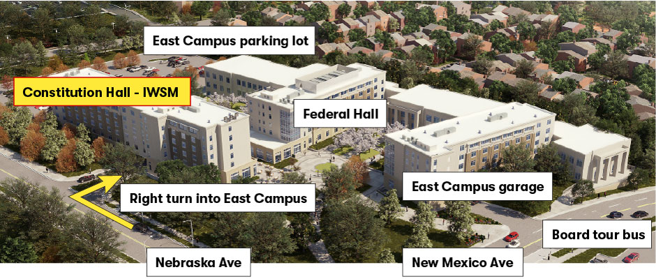 Rendering of American University East Campus from the intersection of Nebraska and New Mexico Avenues that calls out Constitution Hall, East Campus parking lot, Federal Hall, and bus boarding in the National United Methodist Church parking lot