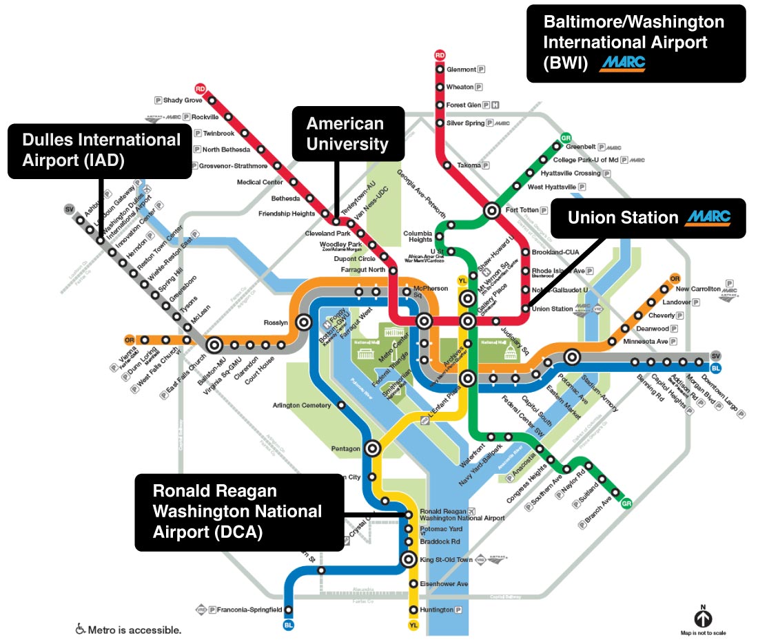 WMATA Metrorail map with callouts for IAD, DCA, BWI, Union Station, and American University