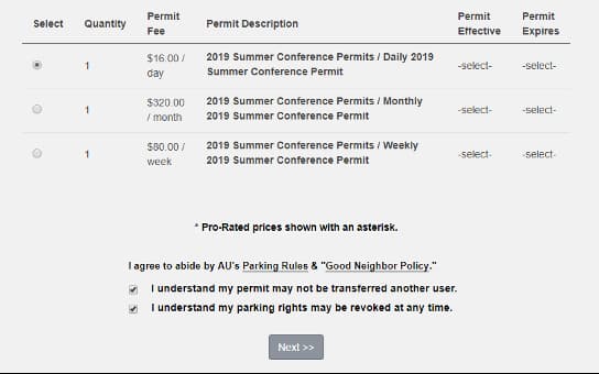 Daily, monthly and weekly permit pricing selector