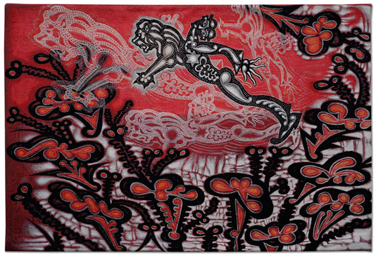 A stylized silver figure appears to fly over red flamelike flowers with the head of a lion on his neck and the head of a man leaning from his shoulder, connected inside to his heart, a six-pointed star. Smoky echoes of his figure appear behind him.