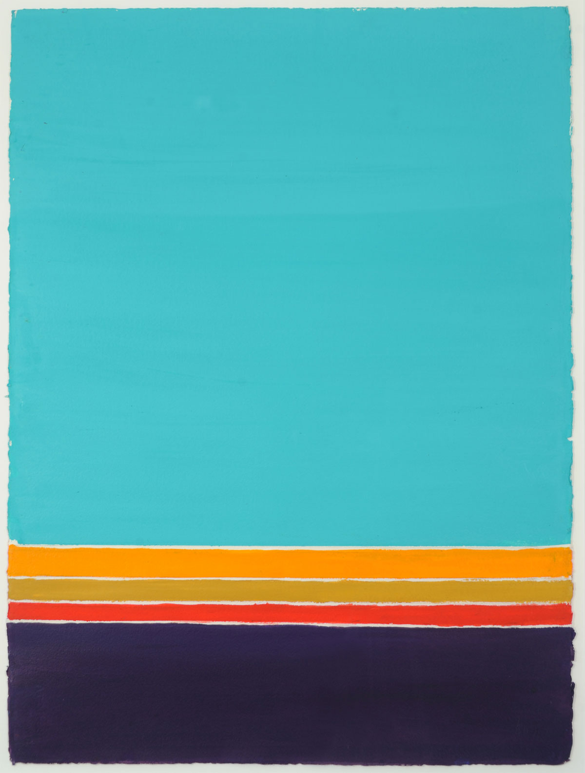 A purple rectangle below a large blue square with thin stripes of red, gold, and orange separating them