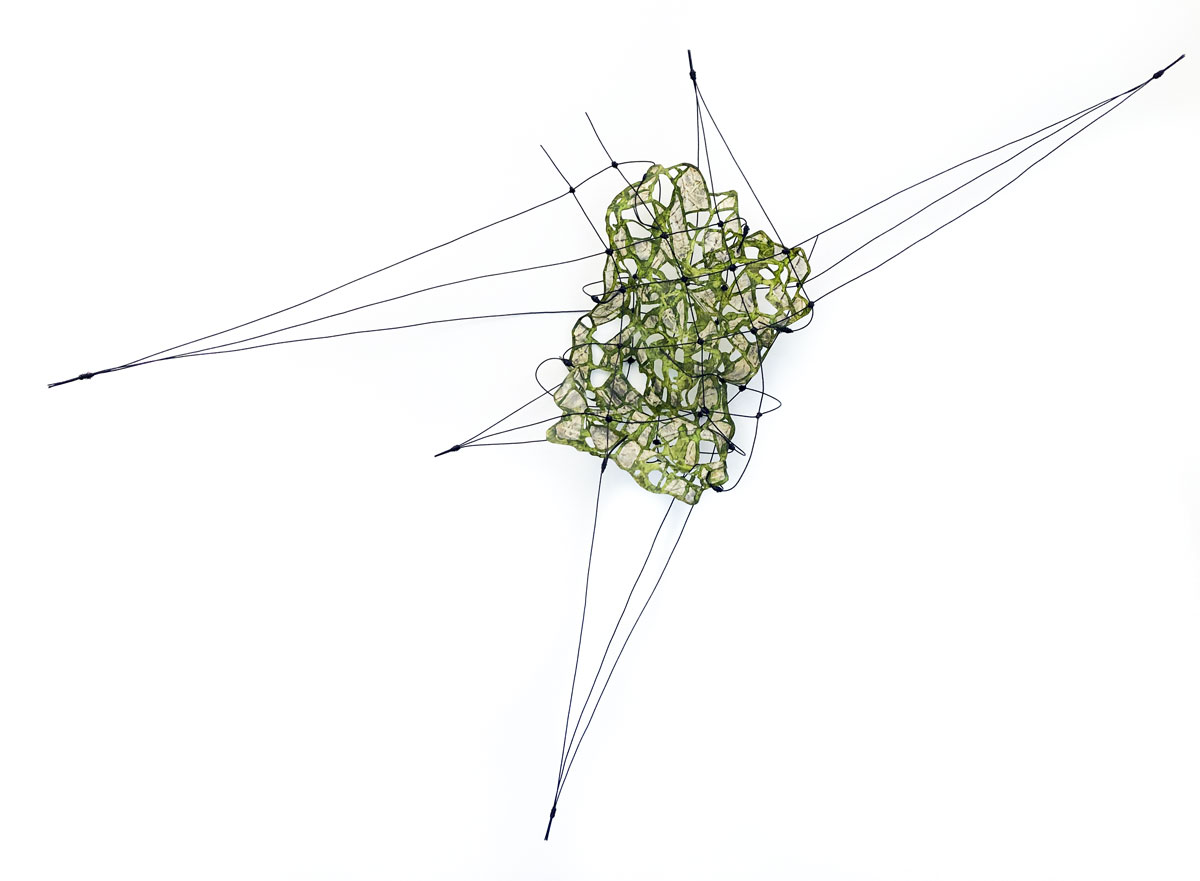 External wind, abstract painting by Rebecca Kamen that features thin, angular black lines that wrap around a green object