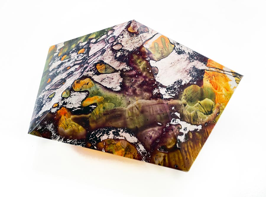 Illumination, an abstract painting by Rebecca Kamen that depicts a pyramid filled with unrecognizable objects that look alive