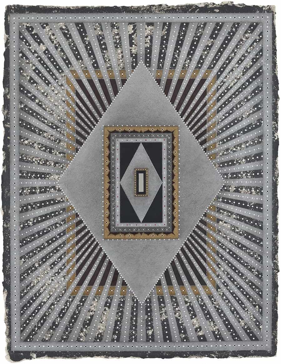 Anil Revri, Geometric Abstraction 4, 2019, an abstract painting of embellished gray, gold, and black rectangles and diamonds that appears to have a point of light at its center. 