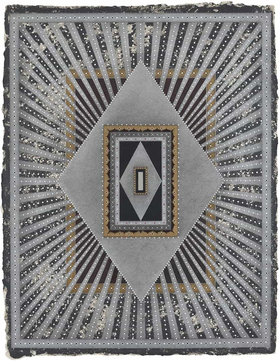 Anil Revri, Geometric Abstraction 4, 2019, an abstract painting of embellished gray, gold, and black rectangles and diamonds that appears to have a point of light at its center. 