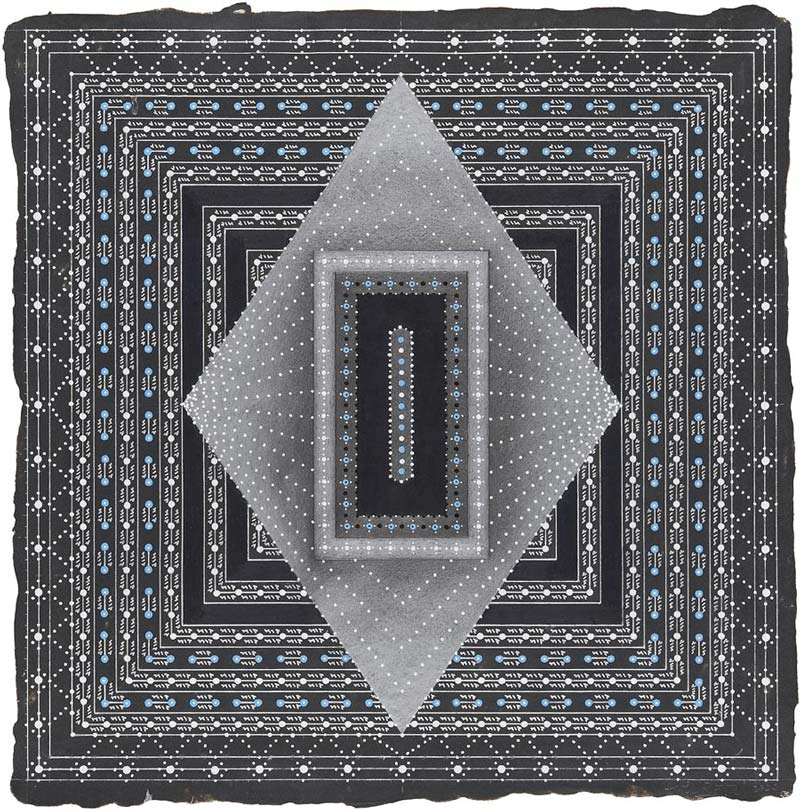 Anil Revri, Geometric Abstraction 4, 2020, an abstract painting in grey and black featuring concentric diamonds, rectangles and squares