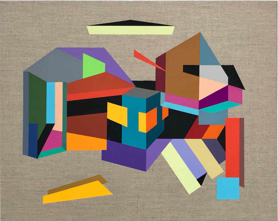 Capriccio #41. Acrylic on gouache on primed linen, 16 x 20 in. Colorful, overlapping shapes form the illusion of a 3D scene on a textured background