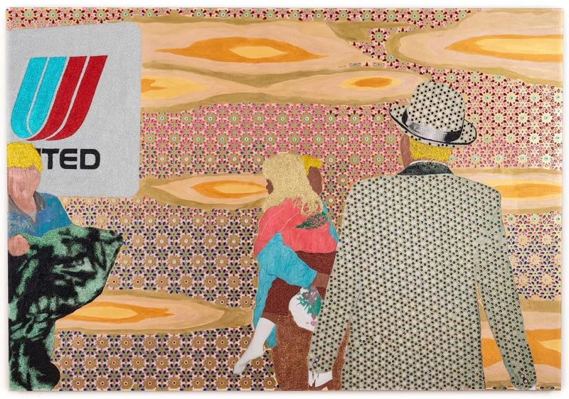 Khánh H. Lê, United, c. 2013-14. In the background, the United airlines logo and a geometric pattern. In the foreground, a person holding a child, the back of a person in a suit, and a person holding what seems to be a blanket.
