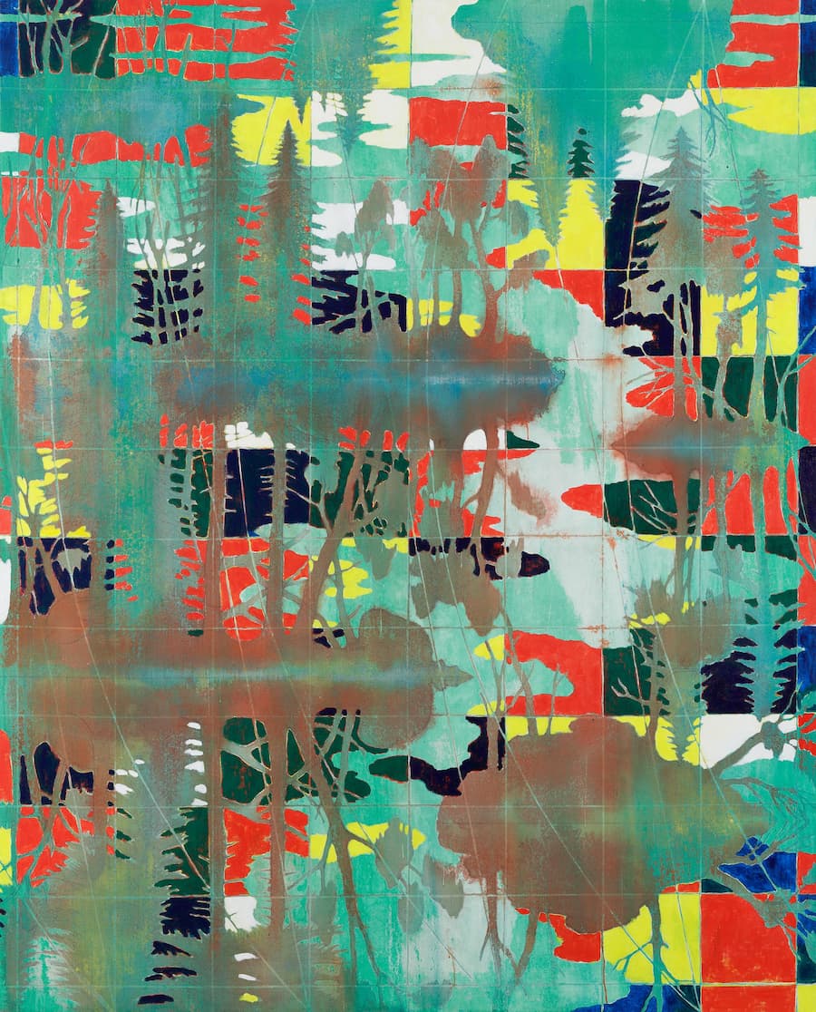 On the way to paradise No. 4, Josef Achrer,  a grid with brightly colored and mirrored forest imagery