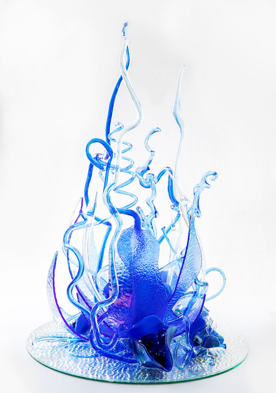 Annette Lerner, Blossoms of Blue, 2018-2019. Glass spirals sprout from an abstract blue glass flower