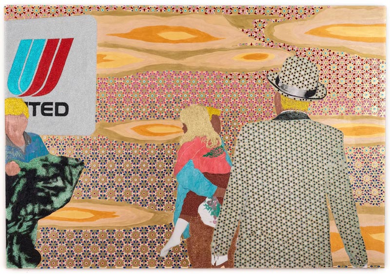 Khánh H. Lê, United, c. 2013-14. In the background, the United airlines logo and a geometric pattern. In the foreground, a person holding a child, the back of a person in a suit, and a person holding what seems to be a blanket.