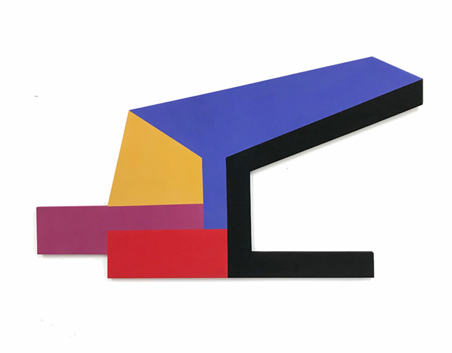 There Upon, 2020. Acrylic and Flashe on shaped canvas. Colorful quadrilaterals and blue and black shapes that cantilever to the right.