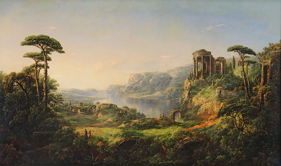 Sonntag_2018-15-300_image01 William Louis Sonntag, Classic Italian Landscape with Temple of Venus. Trees, ruins, houses, with river in background.