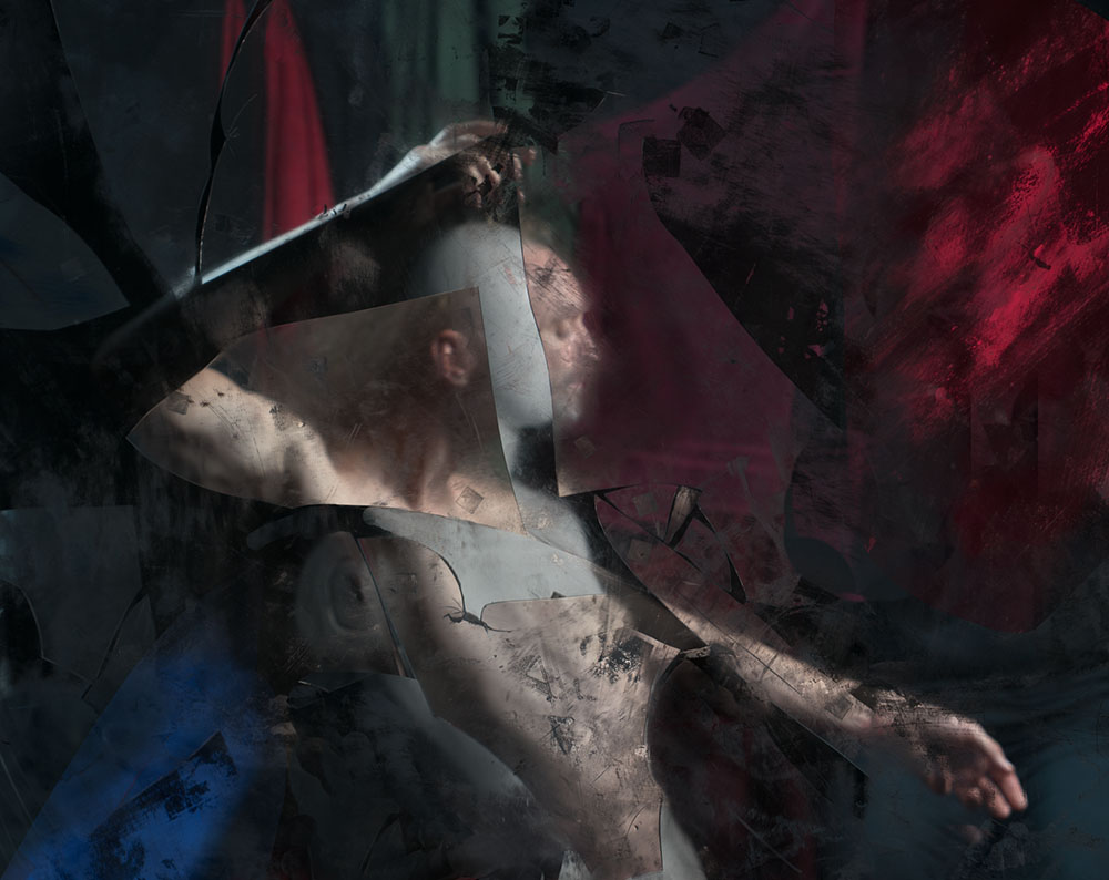 A male figure in full color, the appearance of cracks and scratches in the film, and beneath, a much blurrier stylized figure in black and white A male figure in full color, the appearance of cracks and scratches in the film, and beneath, a much blurrier stylized figure in black and white
