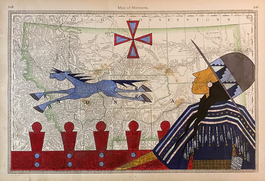 John Isaiah Pepion (Blackfeet), Backbone, 2022. Ink on antique Montana map 28.5 x 22.5 inches (framed). John Isaiah Pepion (Blackfeet), Backbone, 2022. Ink on antique Montana map 28.5 x 22.5 inches (framed).