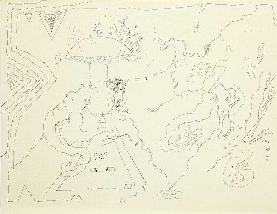 Bruce Conner, HONGO, 1962. Sketch of a creature inside a mushroom.