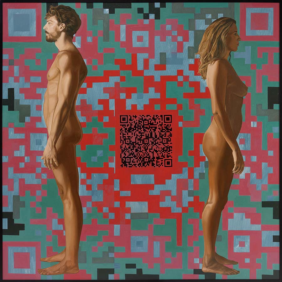 Vladislav Scepanovic, Adam and Eve, 2020. Male and female nudes in front of a stylized QR code