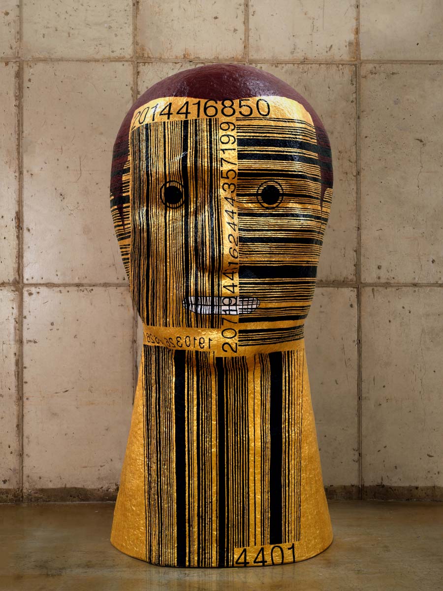 Ahn Chang-Hong, Blindness 2016 ‘3, 2016. Large golden statue of a head and neck covered in large barcodes.