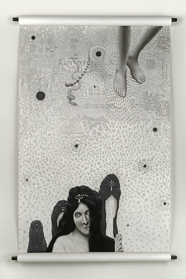 Graphite and charcoal illustration of feet from above; abstract lacy and three-dimensional squiggles; a woman's face and silhouettes of other women