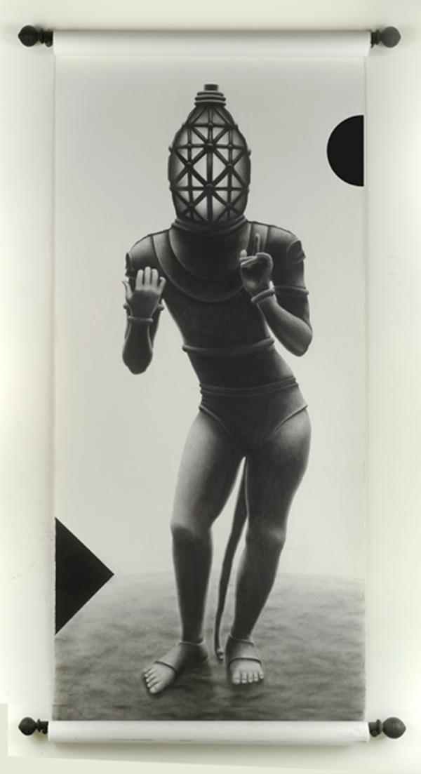 Human figure with lantern-like face leaning forward