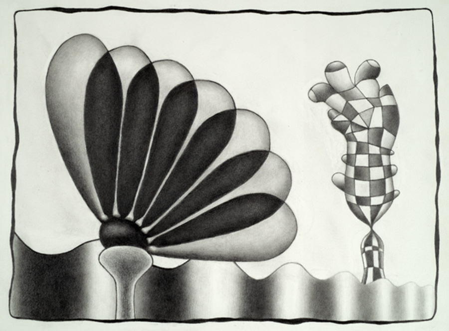Bubbly flower-like form and checkered form on opposite sides of a corrugated fence