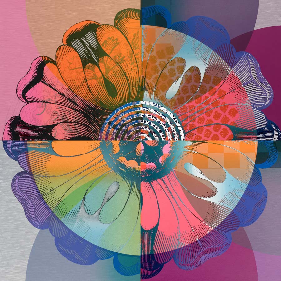 Circular composition divided into quadrants. Layered organic forms resembling flowers. 