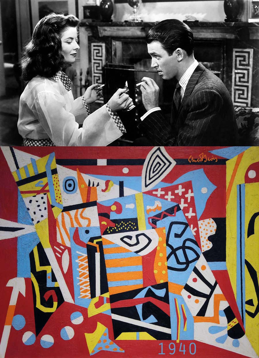 Lautenberg 1940 Still from The Philadelphia Story of a woman lighting a man's cigarette in front of a fireplace with Greek tile motif alongside colorful abstract geometric painting with similar black-and-white striped elements.