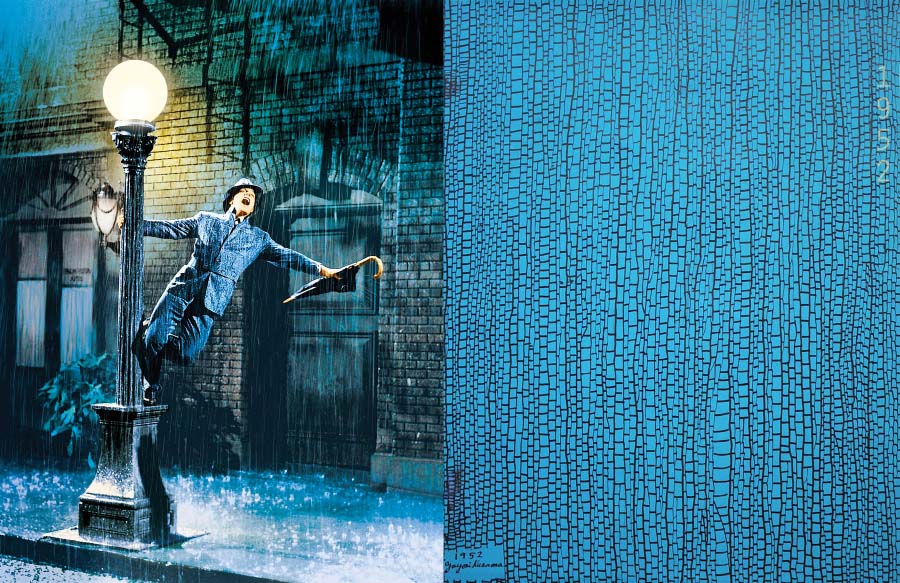Lautenberg 1952 Screen capture from Singin In The Rain of man swinging from lamppost opposite blue and black abstract painting that evokes the wet bricks from the film still, or cells under a microscope.