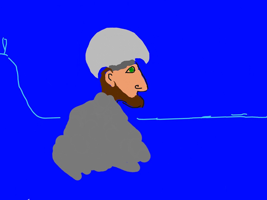 Mary Garrard, The Odyssey (So They Say), Book 1, scene 1, 2024. Digital drawing of a man in a helmet.