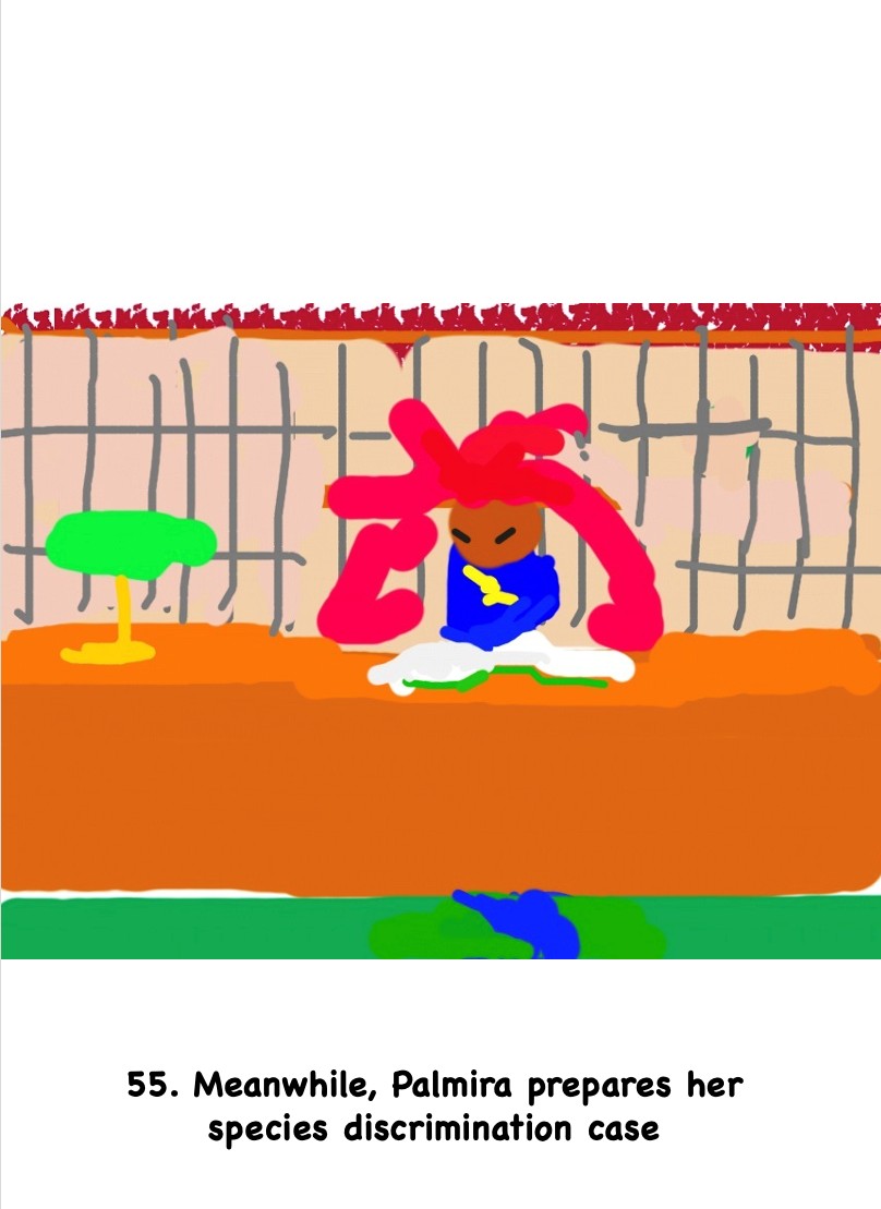 Mary Garrard, Adventures of a Miami Palm Tree, scene 55, 2014. Digital illustration of palm tree writing at desk captioned '55. Meanwhile Palmira prepares her species discrimination case.'