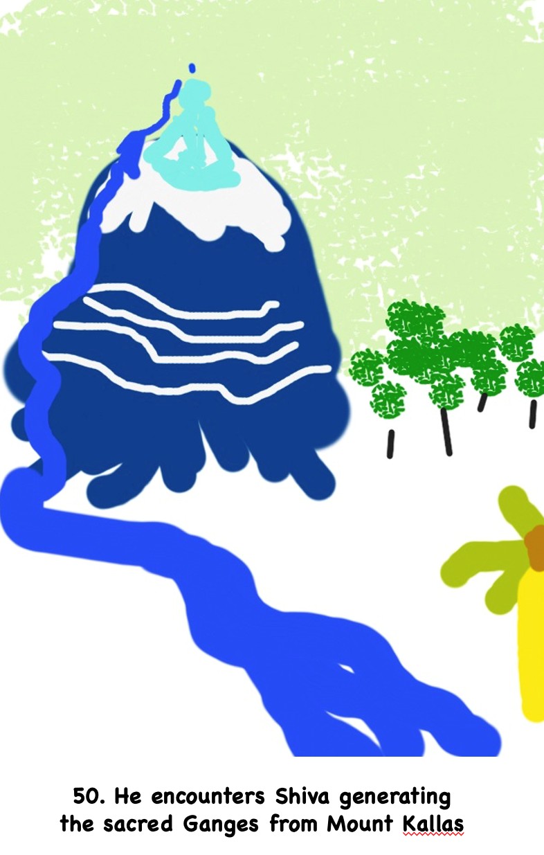 Mary Garrard, Adventures of a Miami Palm Tree, scene 50, 2014. Digital illustration of mountain, trees, and river, captioned '50. He encounters Shiva generating the sacred Ganges from Mount Kallas'