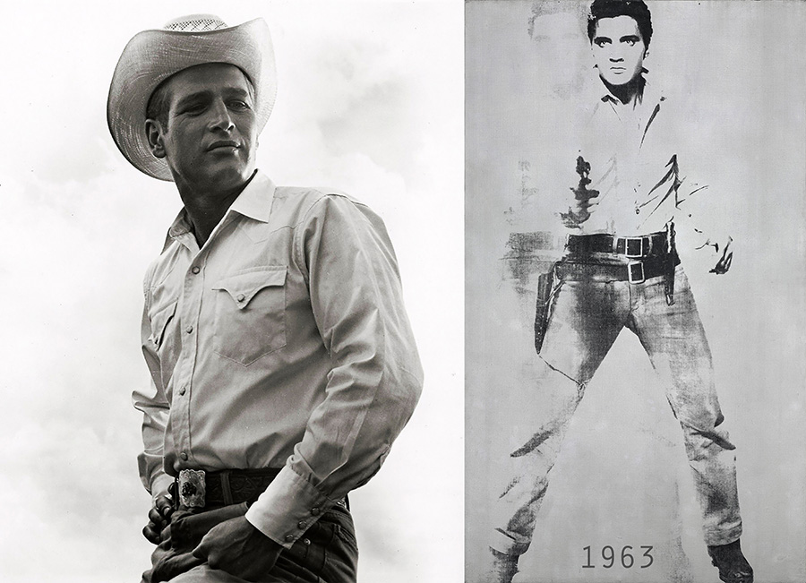 Lautenberg 1963 A Film still of man dressed as cowboy from Hud, opposite work by Andy Warhol of Elvis holding a pistol.