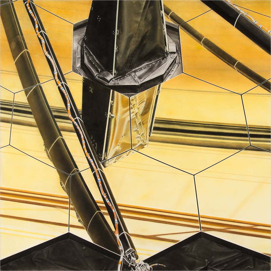 Hexagonal gold mirrored panels with beams and lights