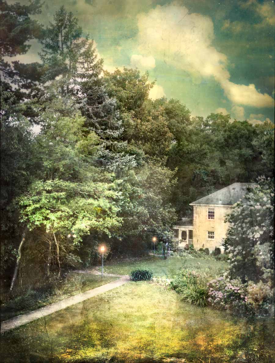 David A. Douglas, Marcy’s Yard, 2019. Hazy image of a lawn surrounded by tall trees and the side of a yellow house on a sunny day with a gas lamp illuminated. 