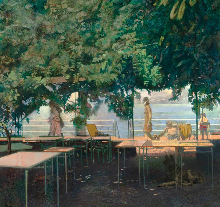 William Woodward, Promenade, 1971. A dog under a table on an empty, shaded patio gazes at busy, sunny waterfront promenade.