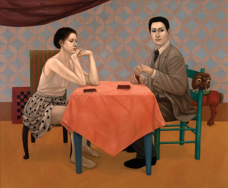 Lani Irwin, Queen of Hearts, 1997–1998. A woman and a man playing cards at a table in an eclectically decorated room; the woman seems bored and the man looks at the viewer