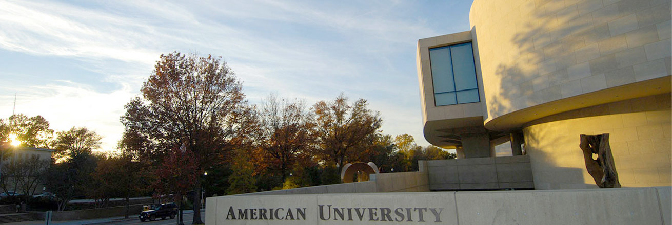 Katzen and AU sign from Ward Circle in evening light.