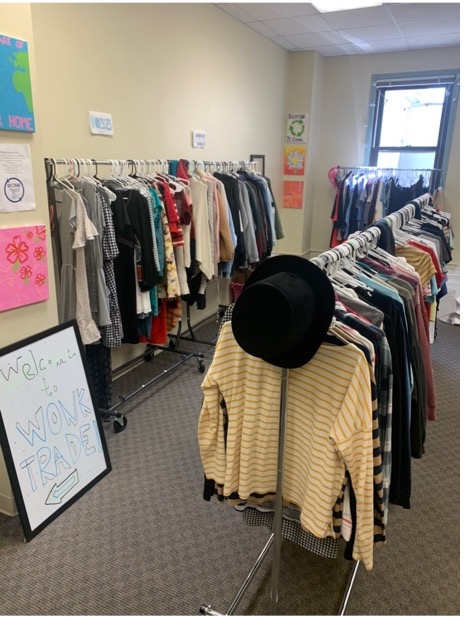 Clothes on the rack at AU's campus thrift store: Wonk Trade