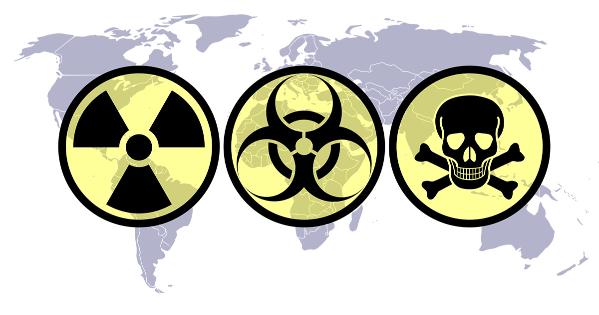 Hazard symbols on a map of the world