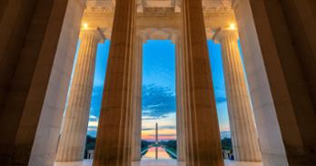 Looking across the reflecting pool at the Washington Monument from the Lincoln Memorial