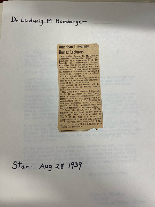 Article clipping about AU naming Ludwig Homberger as a lecturer
