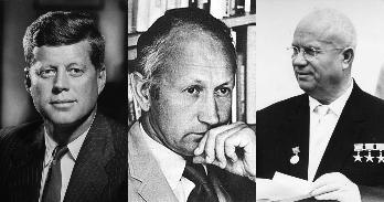 Right to left: John F. Kennedy, Jr., Norman Cousins, and Nikita Khrushchev