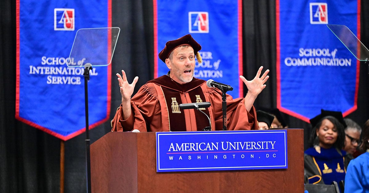 Nate Harshman speaks at 2026 convocation. Photo by Jeff Watts. 