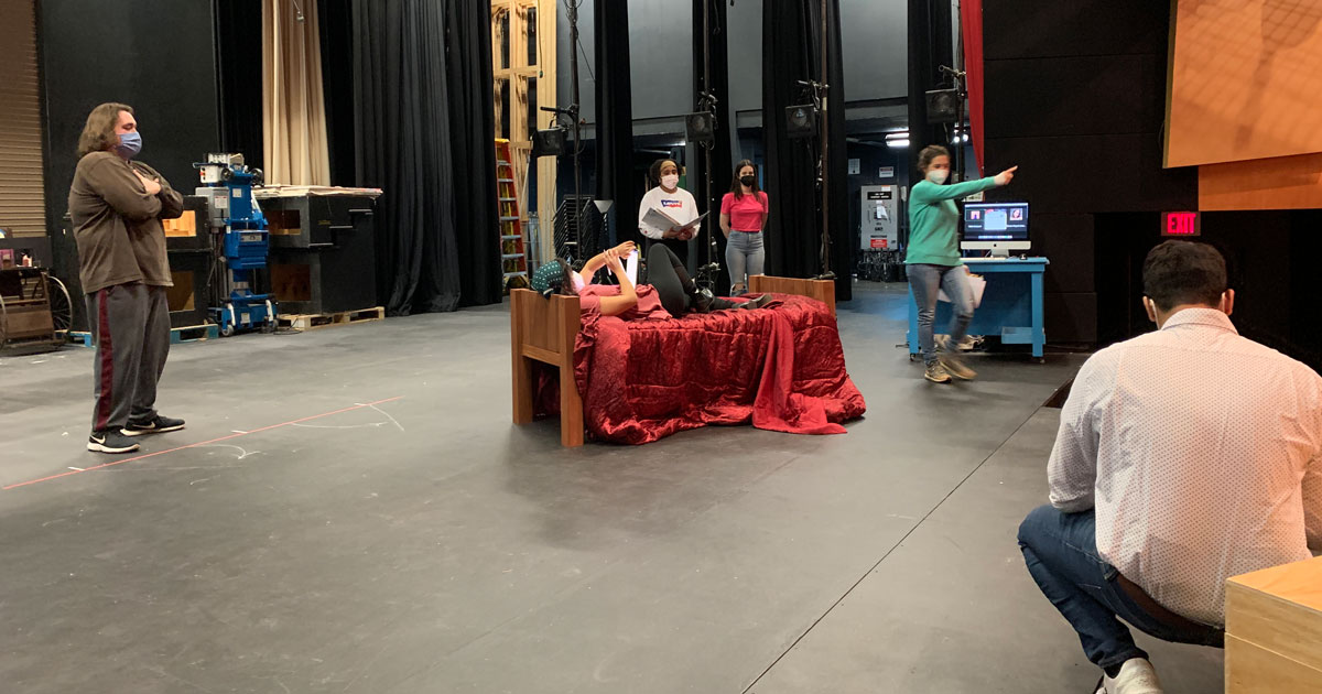 Students rehearse The Sins of Sor Juana in the Greenberg Theatre (photo by Bret O'Brien)